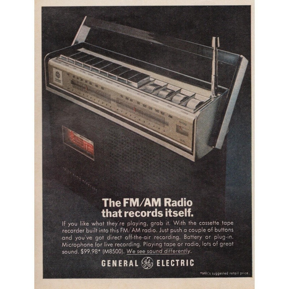 General Electric FM AM Radio‎ & Cassette Recorder 2 Page Magazine Print Ad 1970